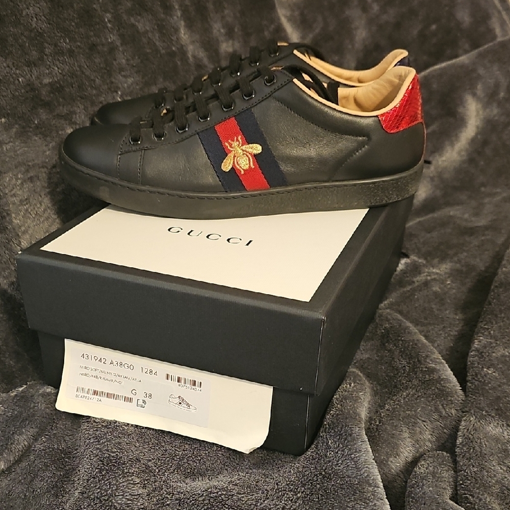 Gucci Bee Embroidered Black and Red Sneakers with Signature Stripe